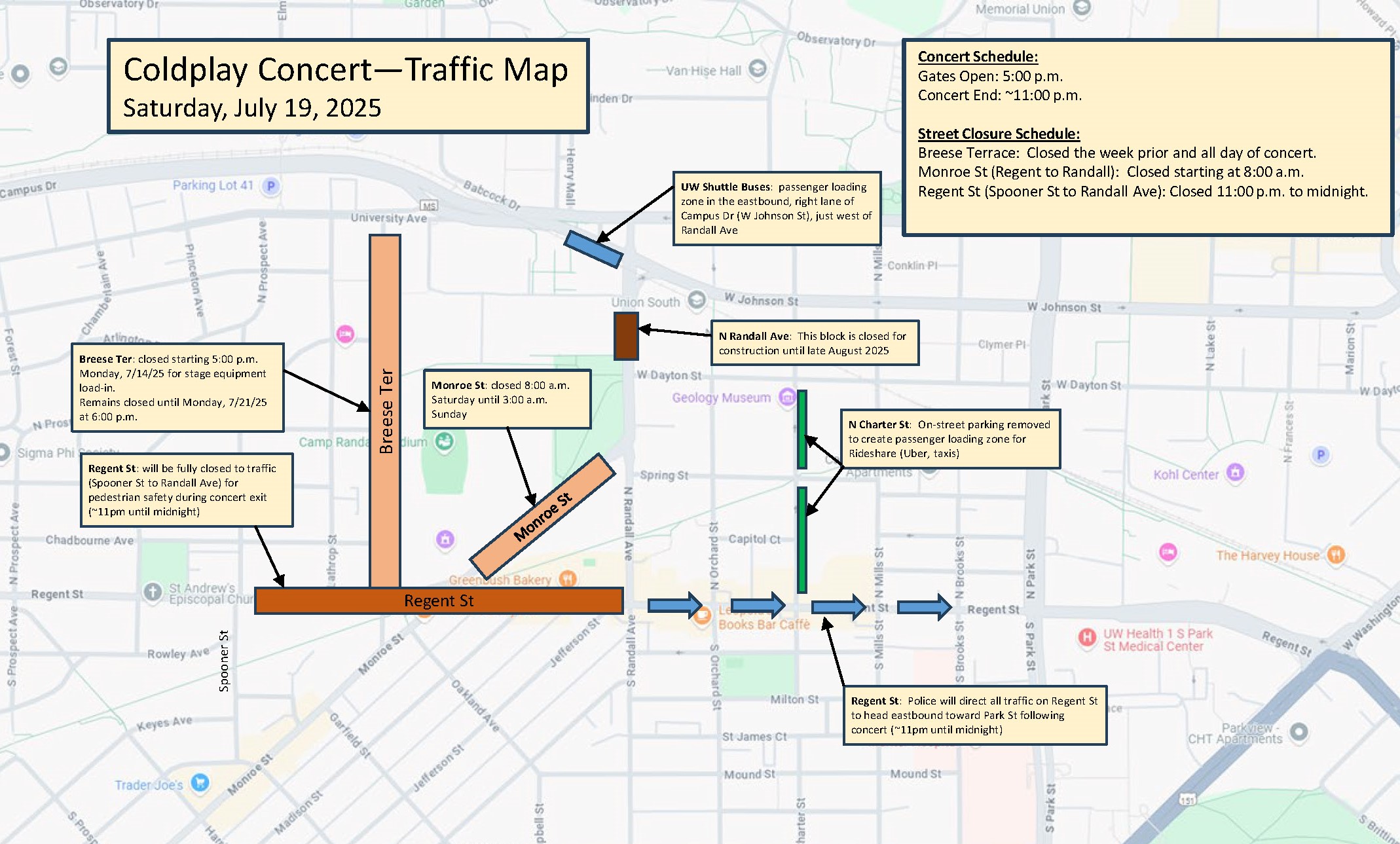 A map detailing street closures and traffic routes around Camp Randall Stadium for the Coldplay concert.